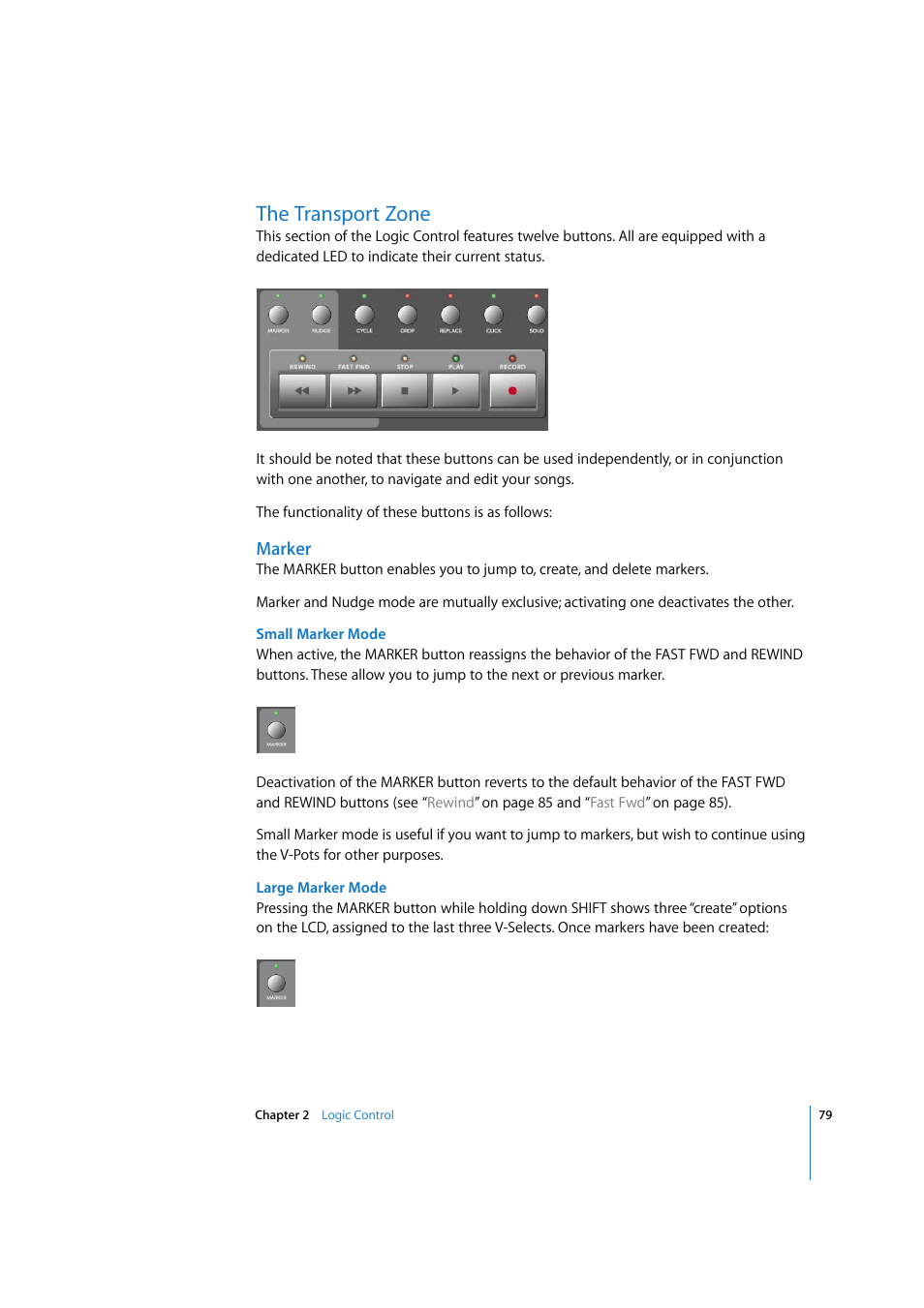 The transport zone, Marker | Apple Logic Pro 7.2 User Manual | Page 79 / 255
