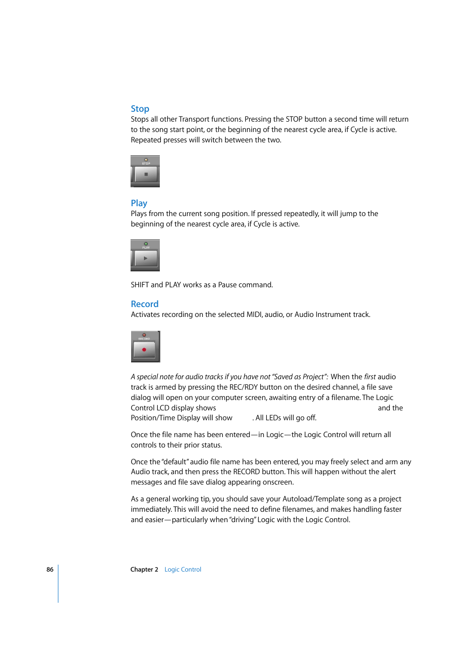 Stop, Play, Record | Apple Logic Pro 7.2 User Manual | Page 86 / 255