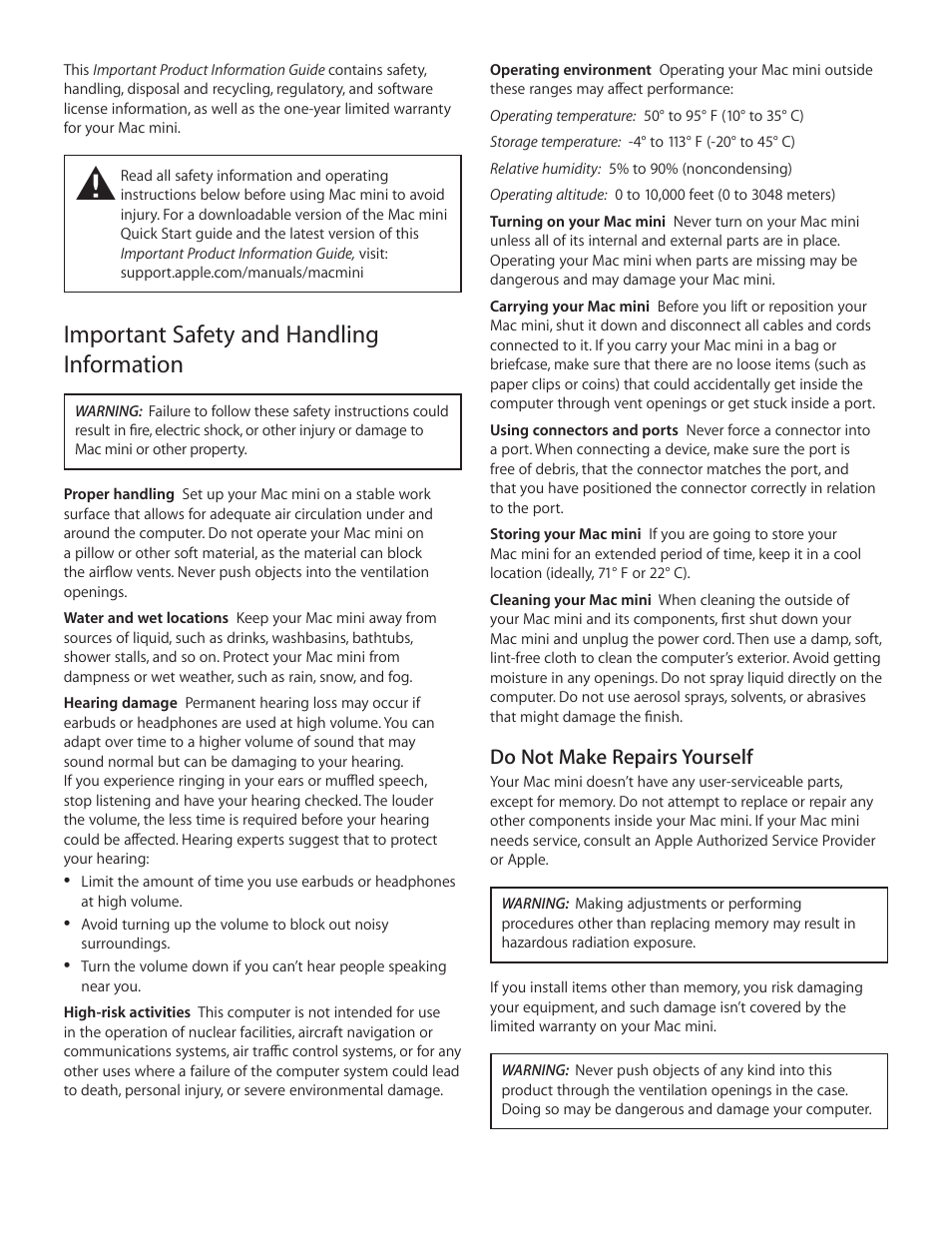 Important safety and handling information | Apple Mac mini (Late 2012) User Manual | Page 2 / 16