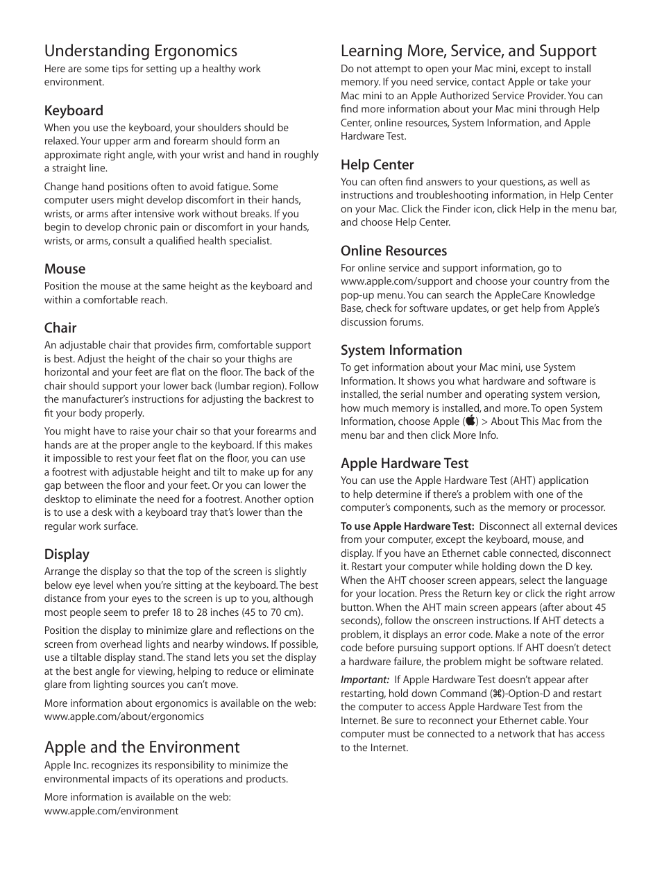 Learning more, service, and support, Understanding ergonomics, Apple and the environment | Apple Mac mini (Late 2012) User Manual | Page 3 / 16