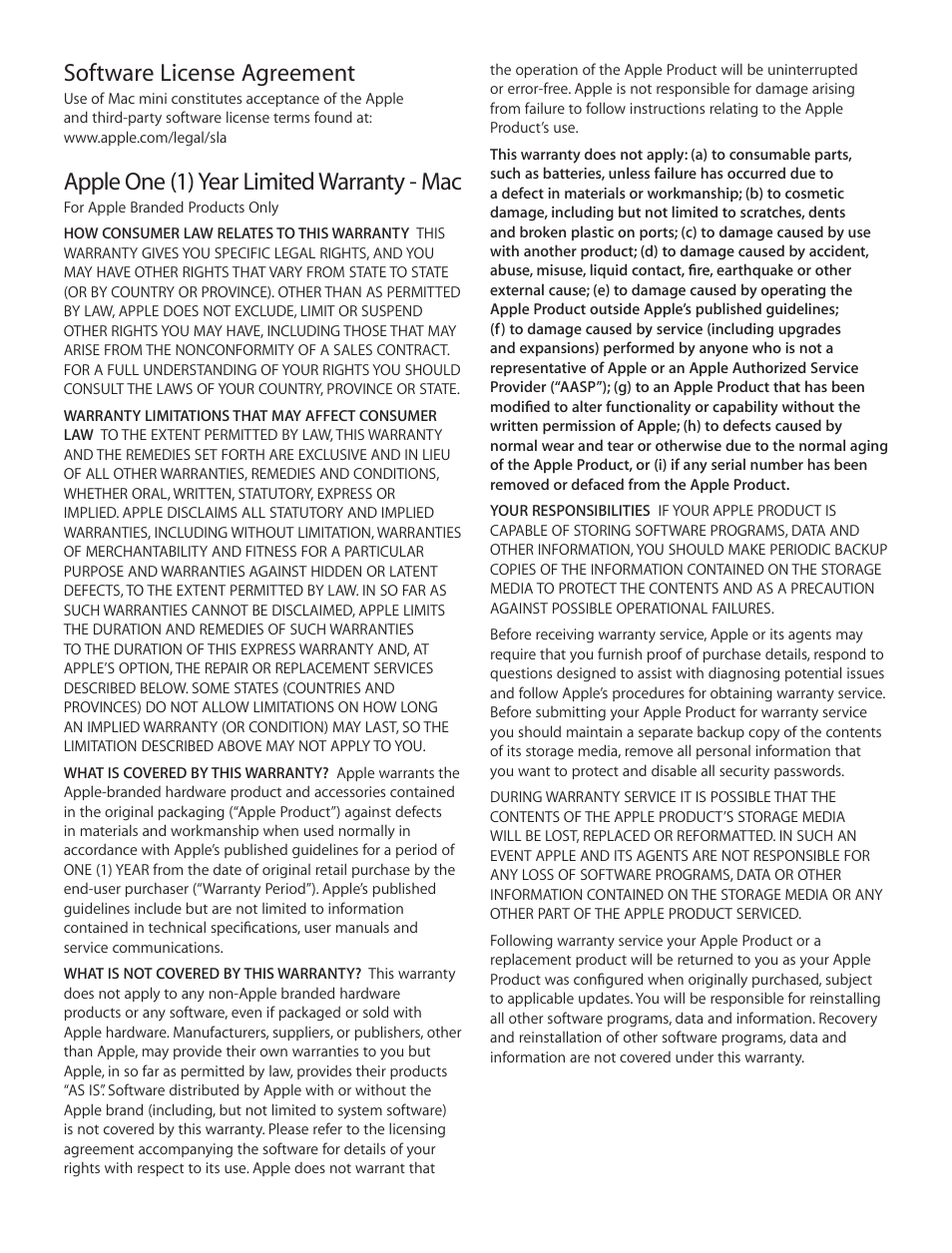 Software license agreement, Apple one (1) year limited warranty - mac | Apple Mac mini (Late 2012) User Manual | Page 9 / 16