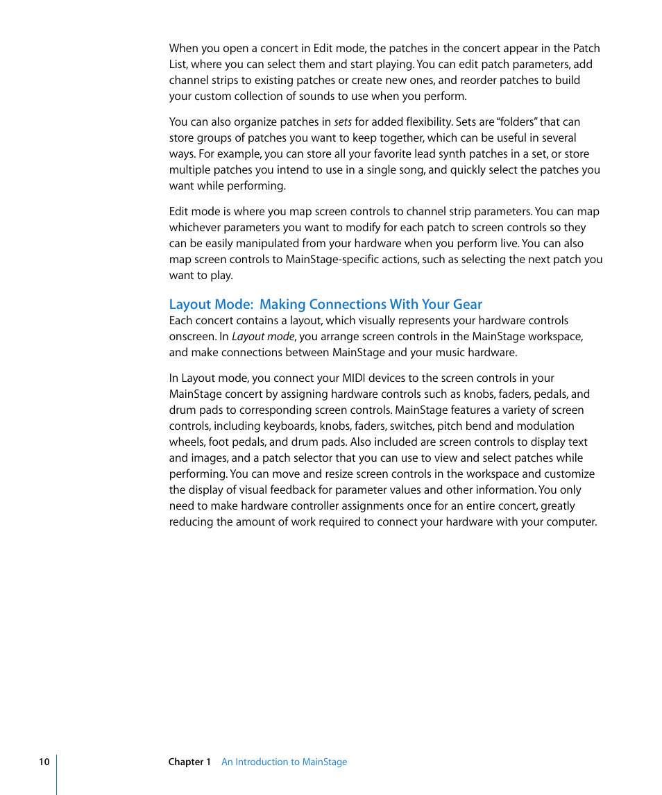 Layout mode:making connections with your gear, Layout mode: making connections with your gear | Apple MainStage User Manual | Page 10 / 100