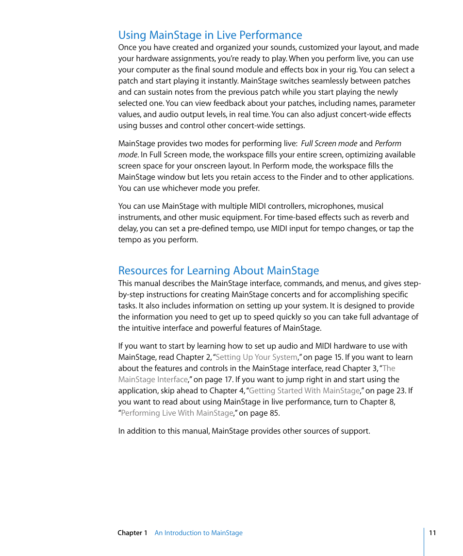 Using mainstage in live performance, Resources for learning about mainstage | Apple MainStage User Manual | Page 11 / 100