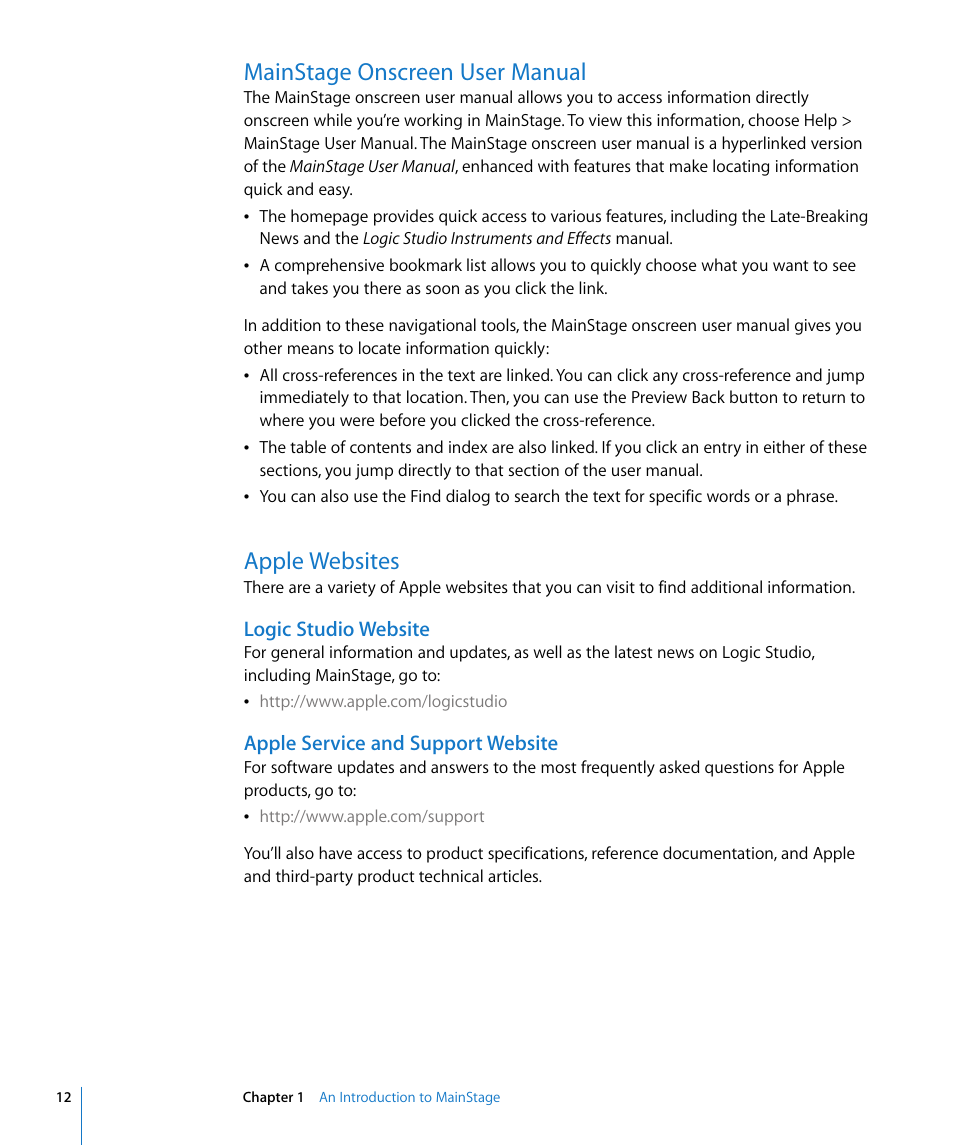 Mainstage onscreen user manual, Apple websites, Logicstudio website | Apple service and support website | Apple MainStage User Manual | Page 12 / 100