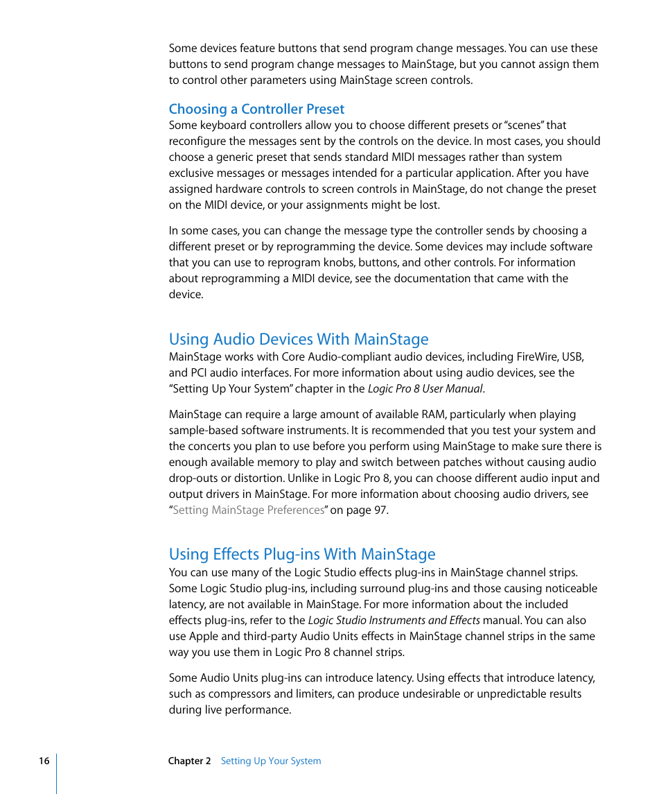 Choosing a controller preset, Using audio devices with mainstage, Using effects plug-ins with mainstage | Apple MainStage User Manual | Page 16 / 100