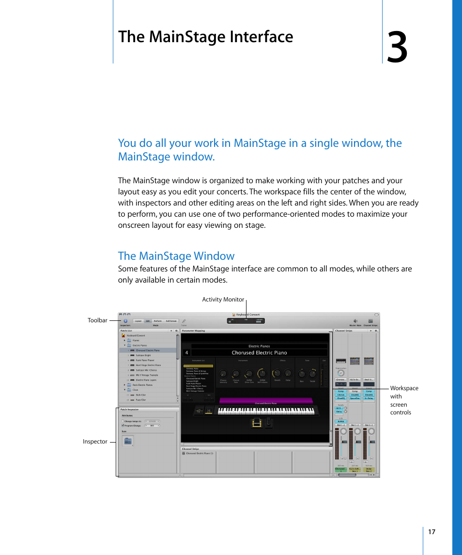 The mainstage interface, The mainstage window, Chapter 3 | Ead chapter 3, Mainstage interface | Apple MainStage User Manual | Page 17 / 100