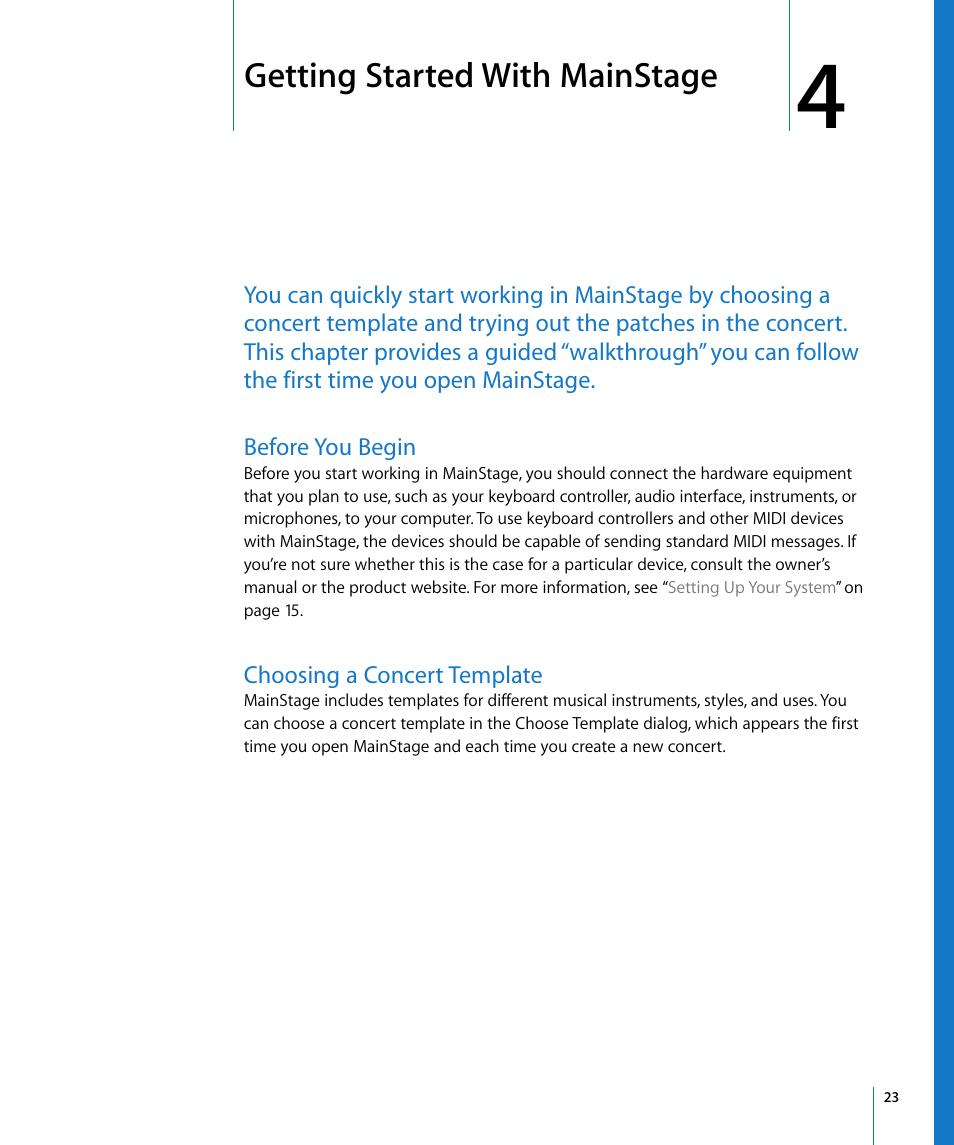 Getting started with mainstage, Before you begin, Choosing a concert template | Chapter 4, O chapter 4 | Apple MainStage User Manual | Page 23 / 100