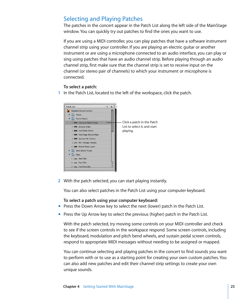 Selecting and playing patches | Apple MainStage User Manual | Page 25 / 100