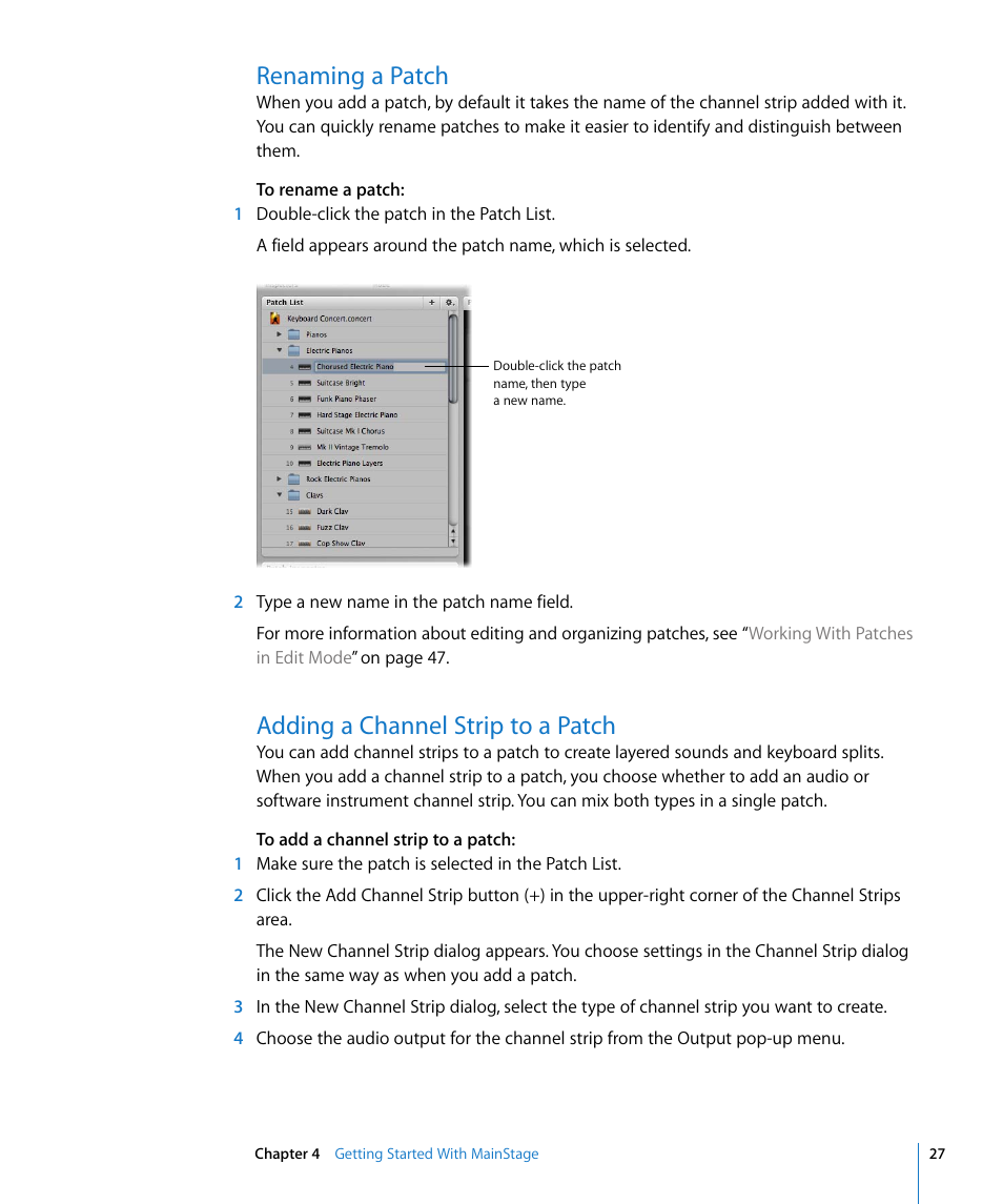 Renaming a patch, Adding a channel strip to a patch | Apple MainStage User Manual | Page 27 / 100