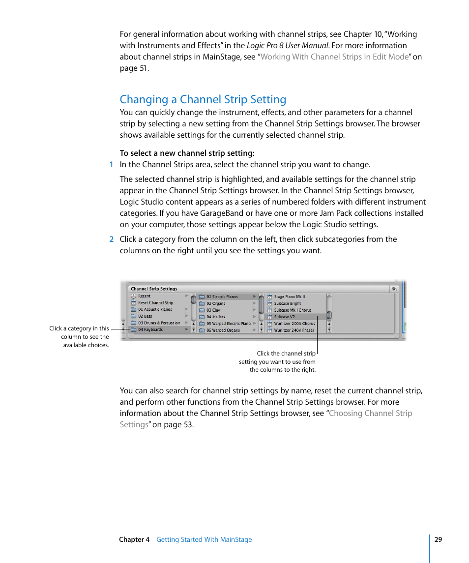 Changing a channel strip setting | Apple MainStage User Manual | Page 29 / 100