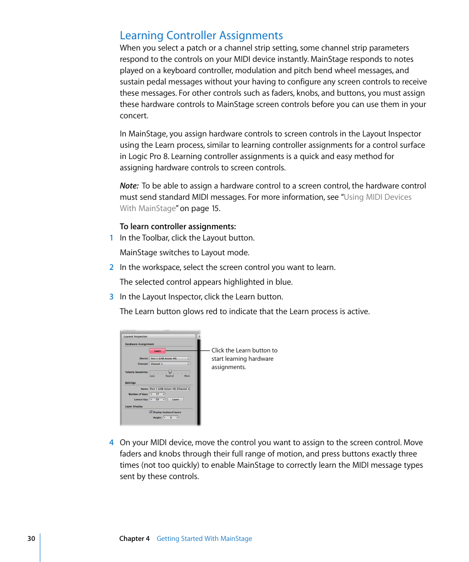 Learning controller assignments | Apple MainStage User Manual | Page 30 / 100