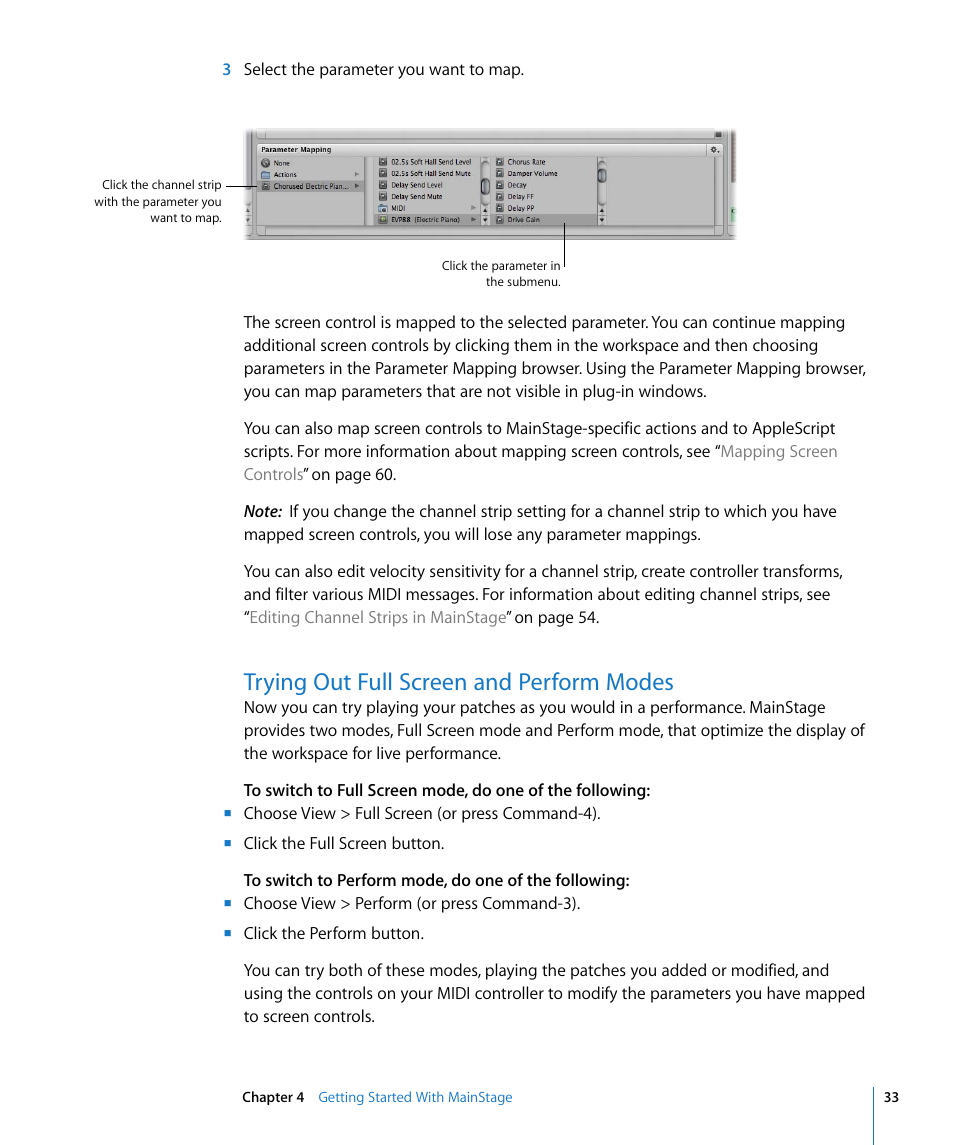 Trying out full screen and perform modes | Apple MainStage User Manual | Page 33 / 100