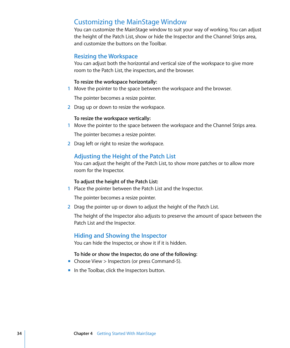 Customizing the mainstage window, Resizing the workspace, Adjusting the height of the patch list | Hiding and showing the inspector | Apple MainStage User Manual | Page 34 / 100