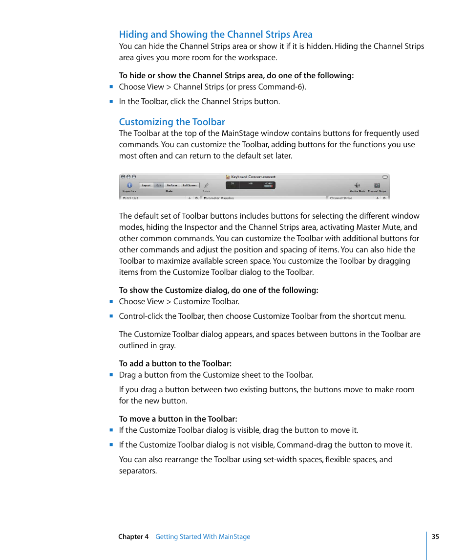 Hiding and showing the channel strips area, Customizing the toolbar | Apple MainStage User Manual | Page 35 / 100