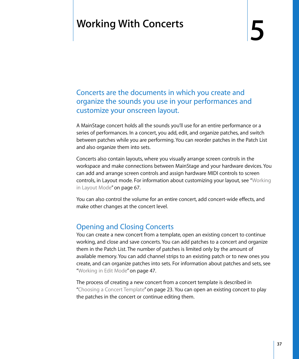 Working with concerts, Opening and closing concerts, Chapter 5 | Working with, Concerts | Apple MainStage User Manual | Page 37 / 100