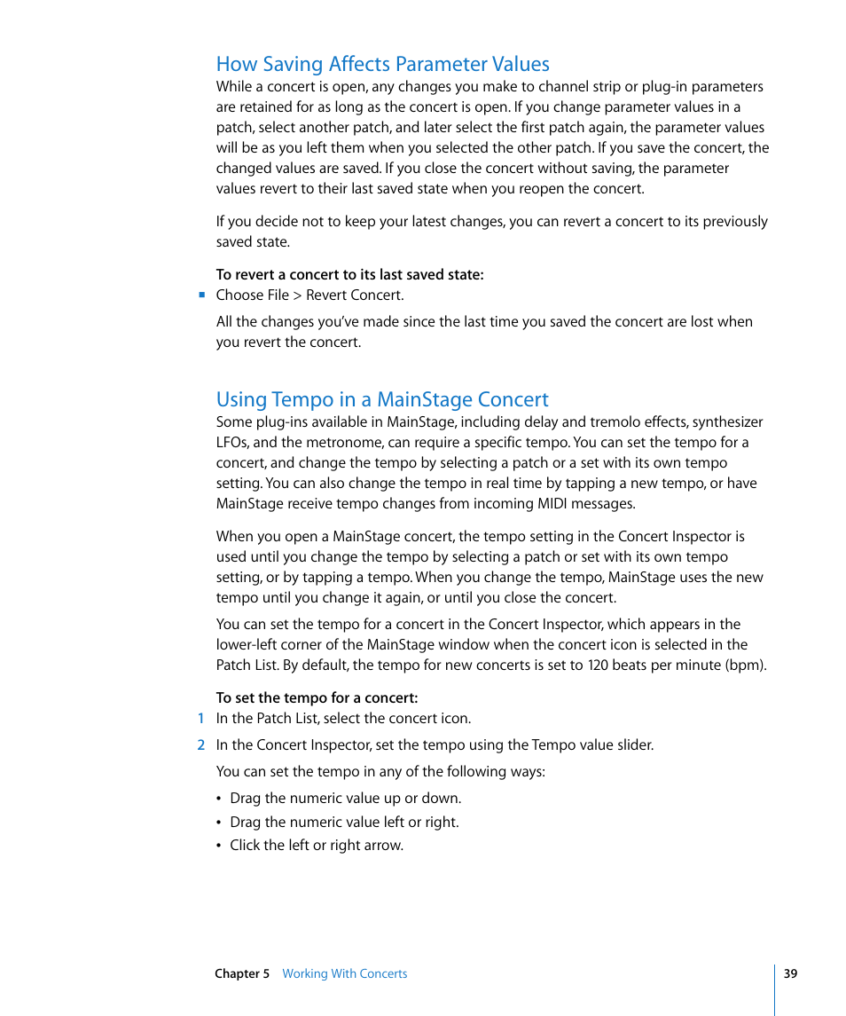 How saving affects parameter values, Using tempo in a mainstage concert | Apple MainStage User Manual | Page 39 / 100