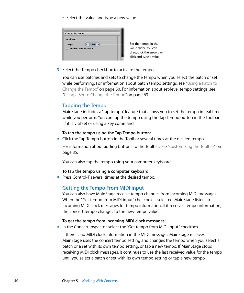 Tapping the tempo, Getting the tempo from midi input | Apple MainStage User Manual | Page 40 / 100