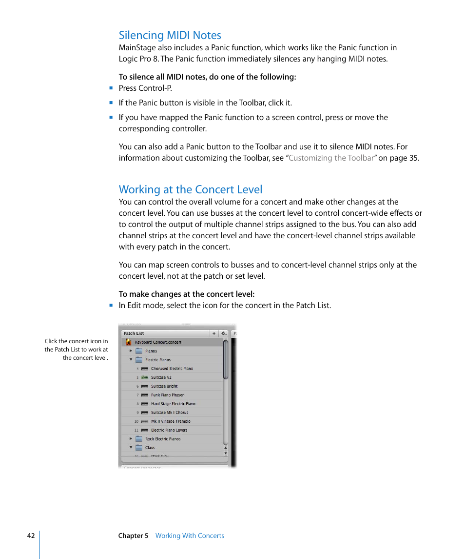 Silencing midi notes, Working at the concert level | Apple MainStage User Manual | Page 42 / 100