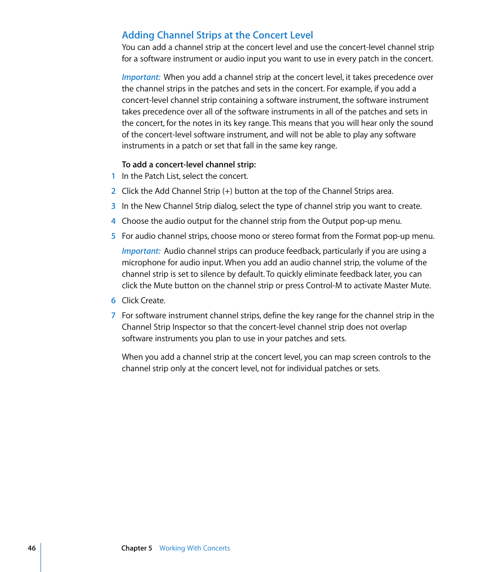 Adding channel strips at the concert level | Apple MainStage User Manual | Page 46 / 100