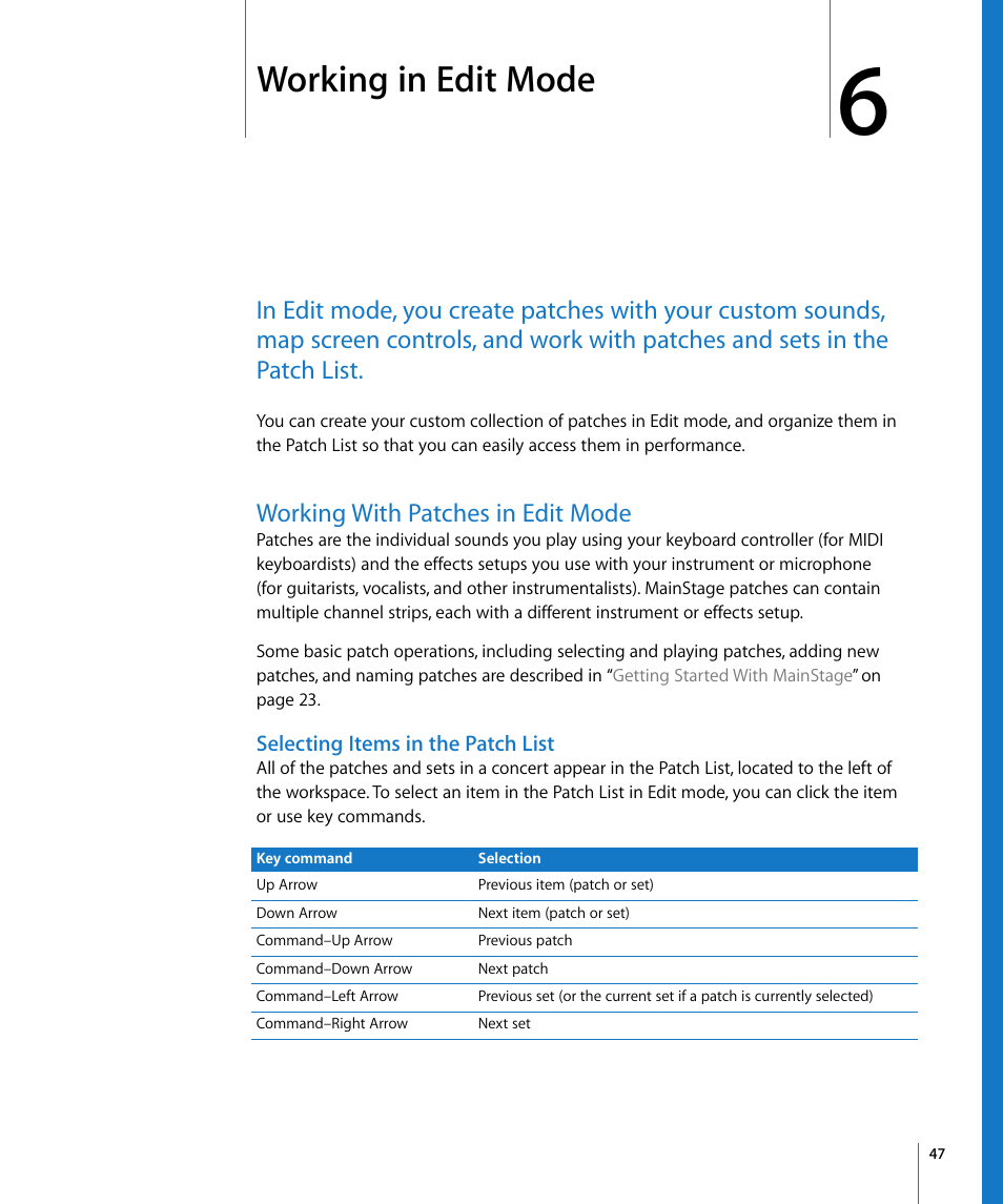 Working in edit mode, Working with patches in edit mode, Selecting items in the patch list | Chapter 6, Working with patches, In edit mode | Apple MainStage User Manual | Page 47 / 100