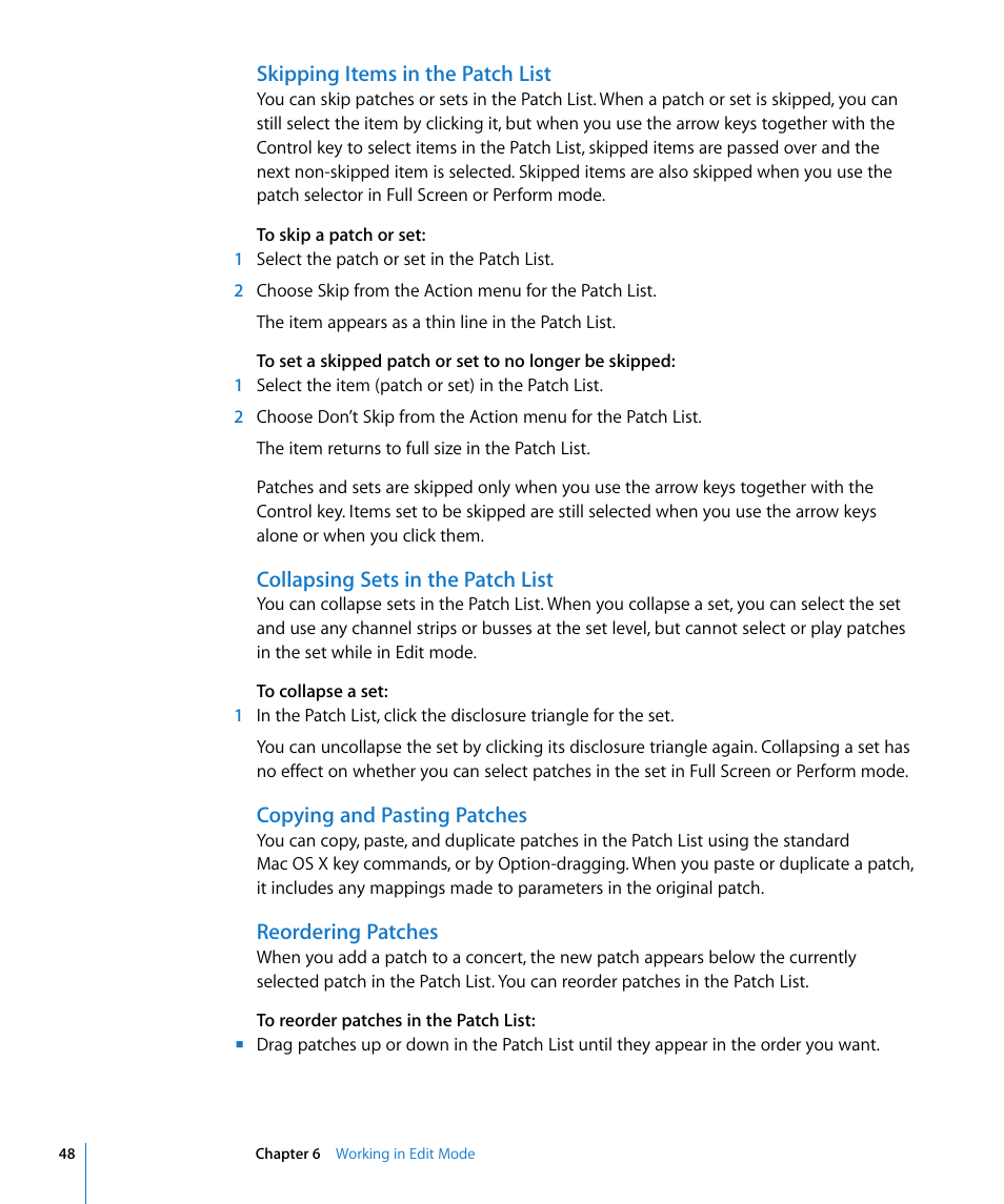 Skipping items in the patch list, Collapsing sets in the patch list, Copying and pasting patches | Reordering patches | Apple MainStage User Manual | Page 48 / 100