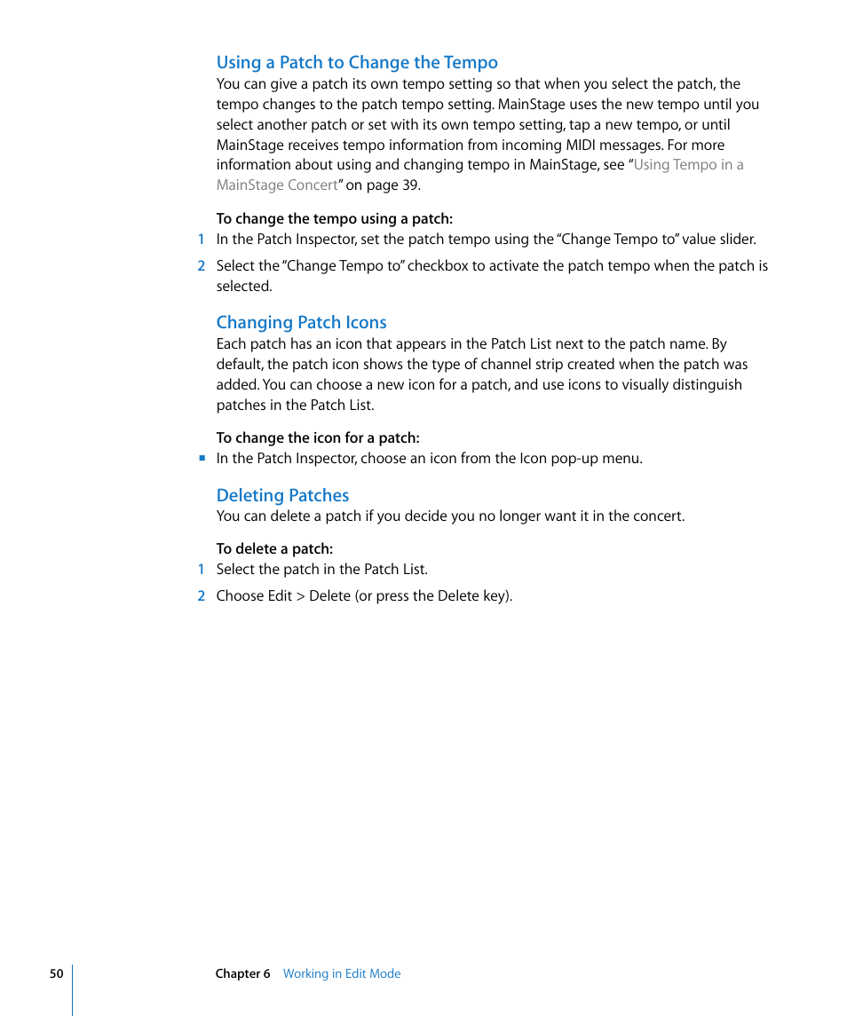 Using a patch to change the tempo, Changing patch icons, Deleting patches | Using a patch to, Change the tempo | Apple MainStage User Manual | Page 50 / 100