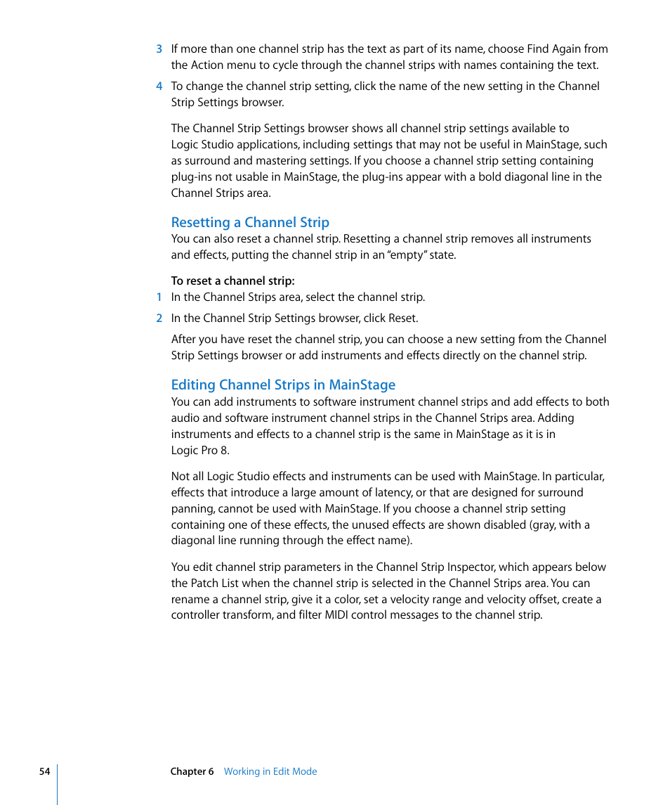 Resetting a channel strip, Editing channel strips in mainstage | Apple MainStage User Manual | Page 54 / 100