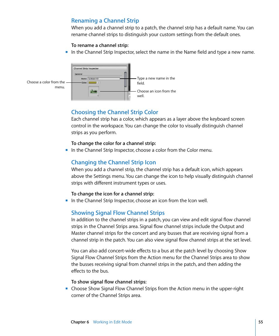 Renaming a channel strip, Choosing the channel strip color, Changing the channel strip icon | Showing signal flow channel strips | Apple MainStage User Manual | Page 55 / 100