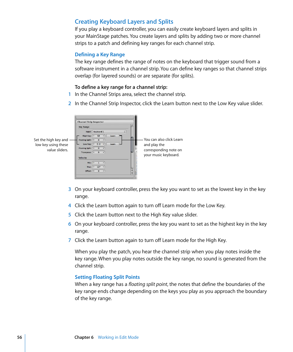 Creating keyboard layers and splits | Apple MainStage User Manual | Page 56 / 100
