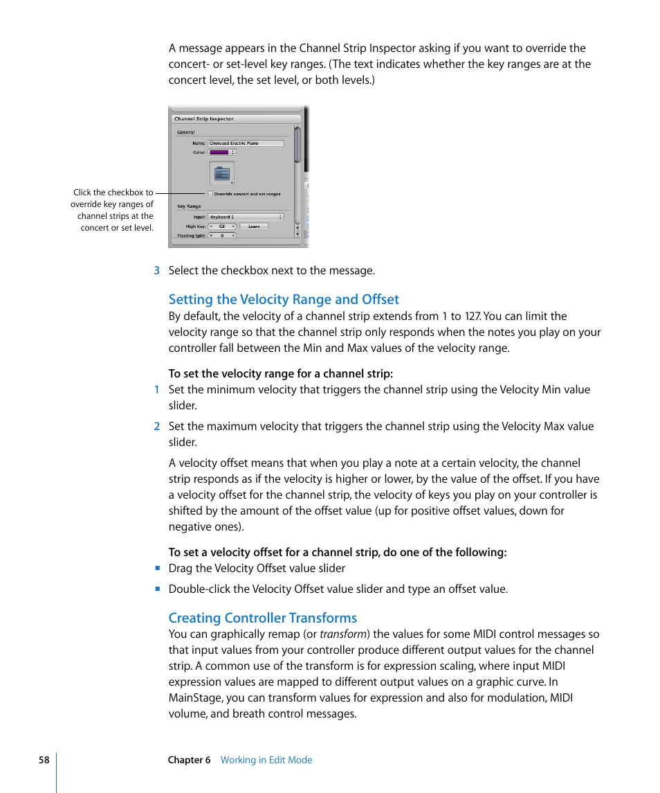 Setting the velocity range and offset, Creating controller transforms | Apple MainStage User Manual | Page 58 / 100