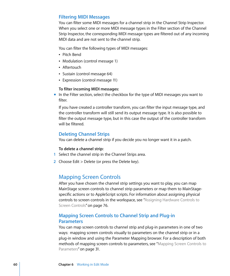Filtering midi messages, Deleting channel strips, Mapping screen controls | Mapping screen, Controls | Apple MainStage User Manual | Page 60 / 100