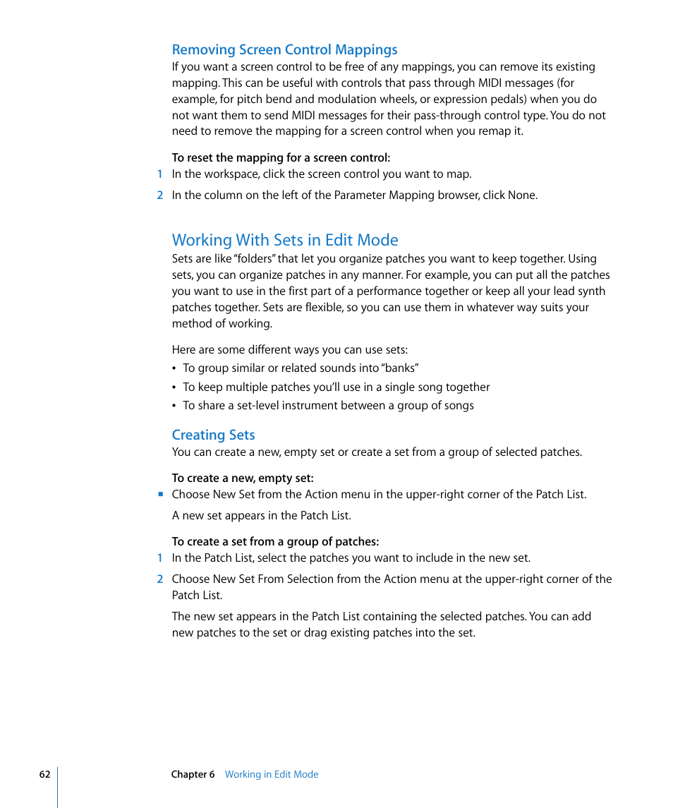 Removing screen control mappings, Working with sets in edit mode, Creating sets | Apple MainStage User Manual | Page 62 / 100