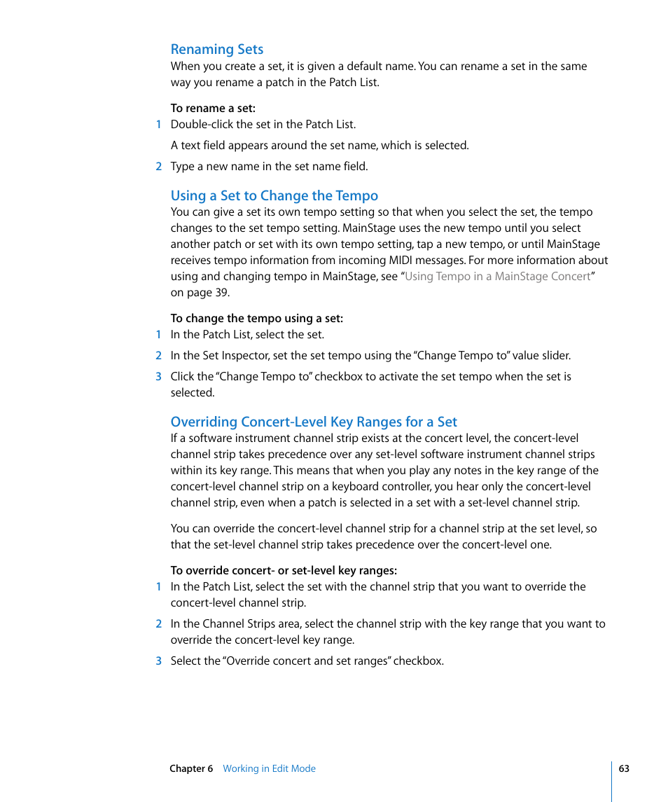 Renaming sets, Using a set to change the tempo, Overriding concert-level key ranges for a set | Apple MainStage User Manual | Page 63 / 100