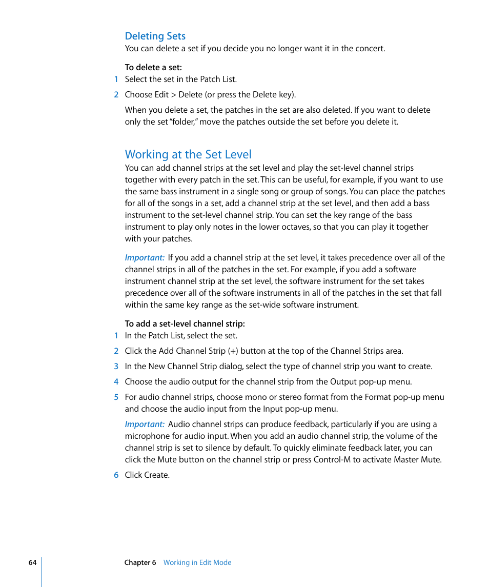 Deleting sets, Working at the set level | Apple MainStage User Manual | Page 64 / 100