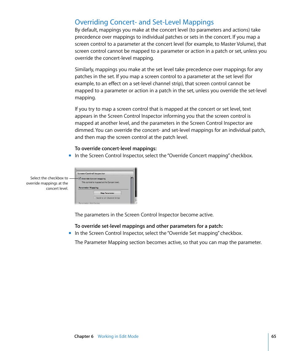 Overriding concert- and set-level mappings, Overriding concert- and, Set-level mappings | Apple MainStage User Manual | Page 65 / 100