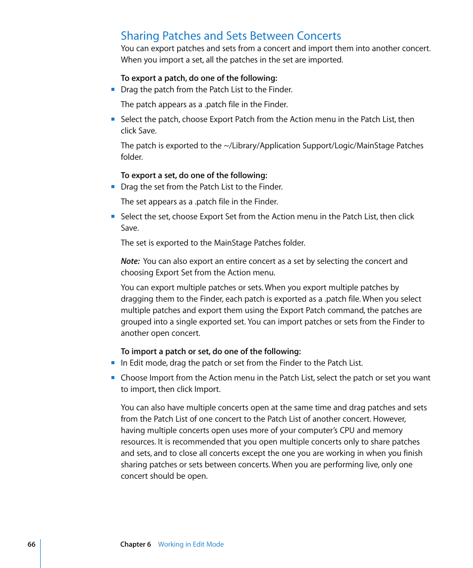 Sharing patches and sets between concerts | Apple MainStage User Manual | Page 66 / 100