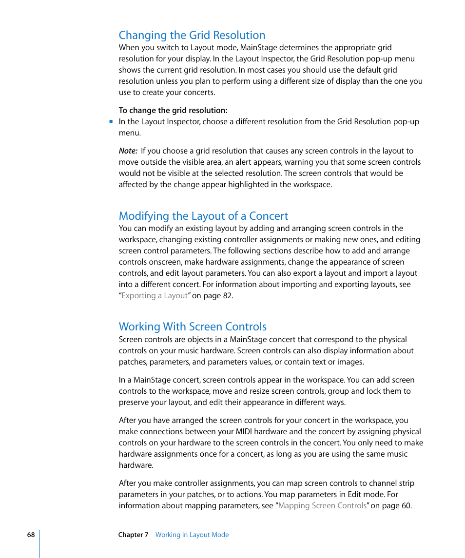 Changing the grid resolution, Modifying the layout of a concert, Working with screen controls | Apple MainStage User Manual | Page 68 / 100