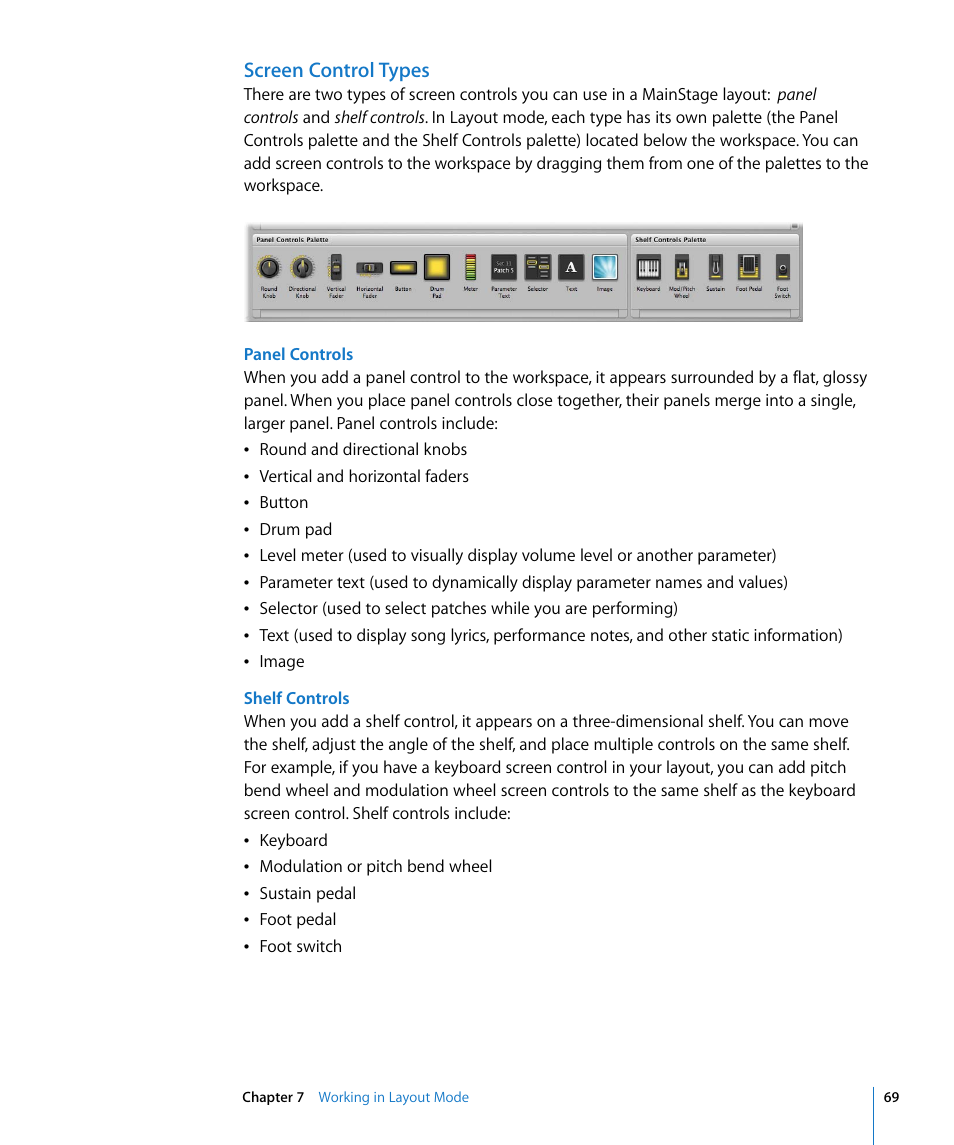 Screen control types | Apple MainStage User Manual | Page 69 / 100