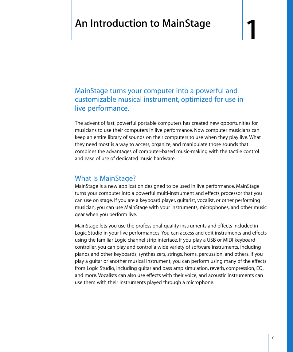 An introduction to mainstage, What is mainstage, Chapter 1 | Apple MainStage User Manual | Page 7 / 100