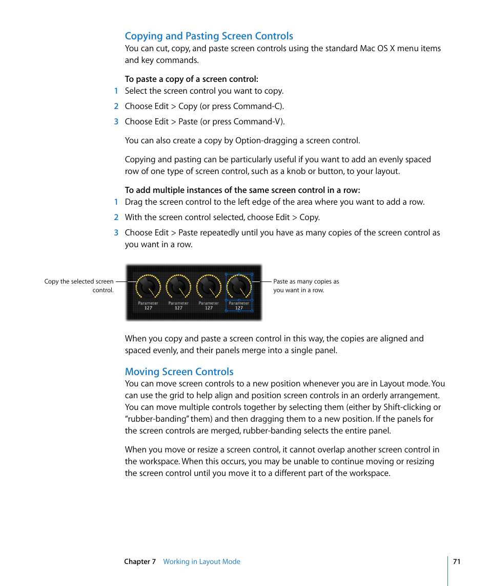 Copying and pasting screen controls, Moving screen controls | Apple MainStage User Manual | Page 71 / 100