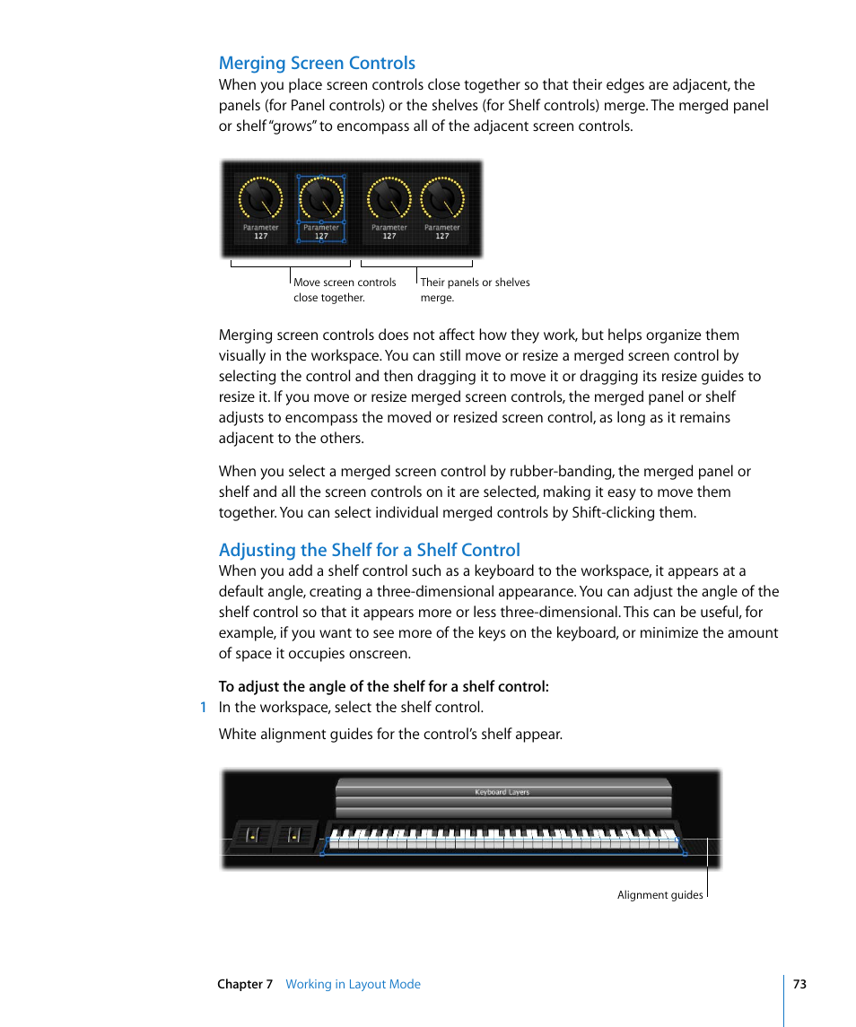 Merging screen controls, Adjusting the shelf for a shelf control | Apple MainStage User Manual | Page 73 / 100