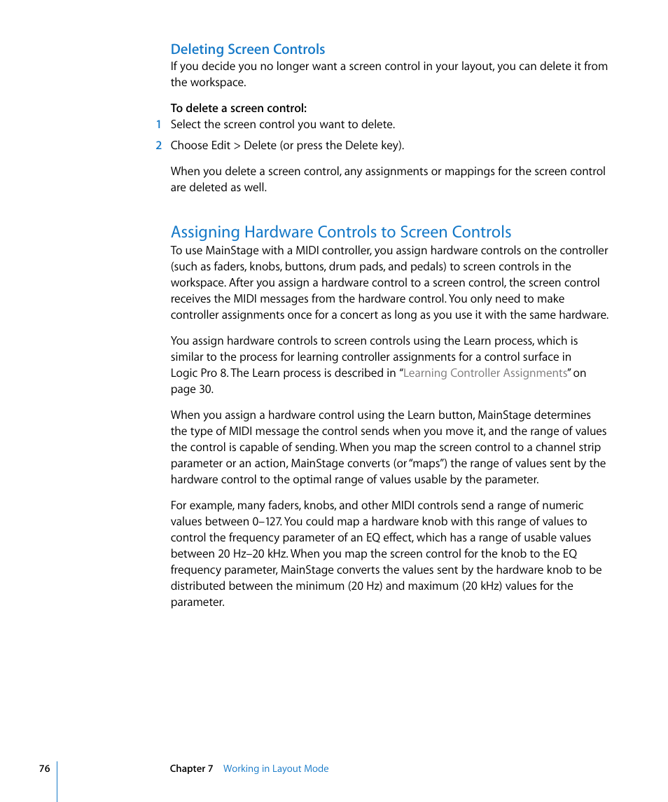 Deleting screen controls, Assigning hardware controls to screen controls, Assigning hardware | Controls to screen controls, Assigning hardware controls to, Screen controls | Apple MainStage User Manual | Page 76 / 100