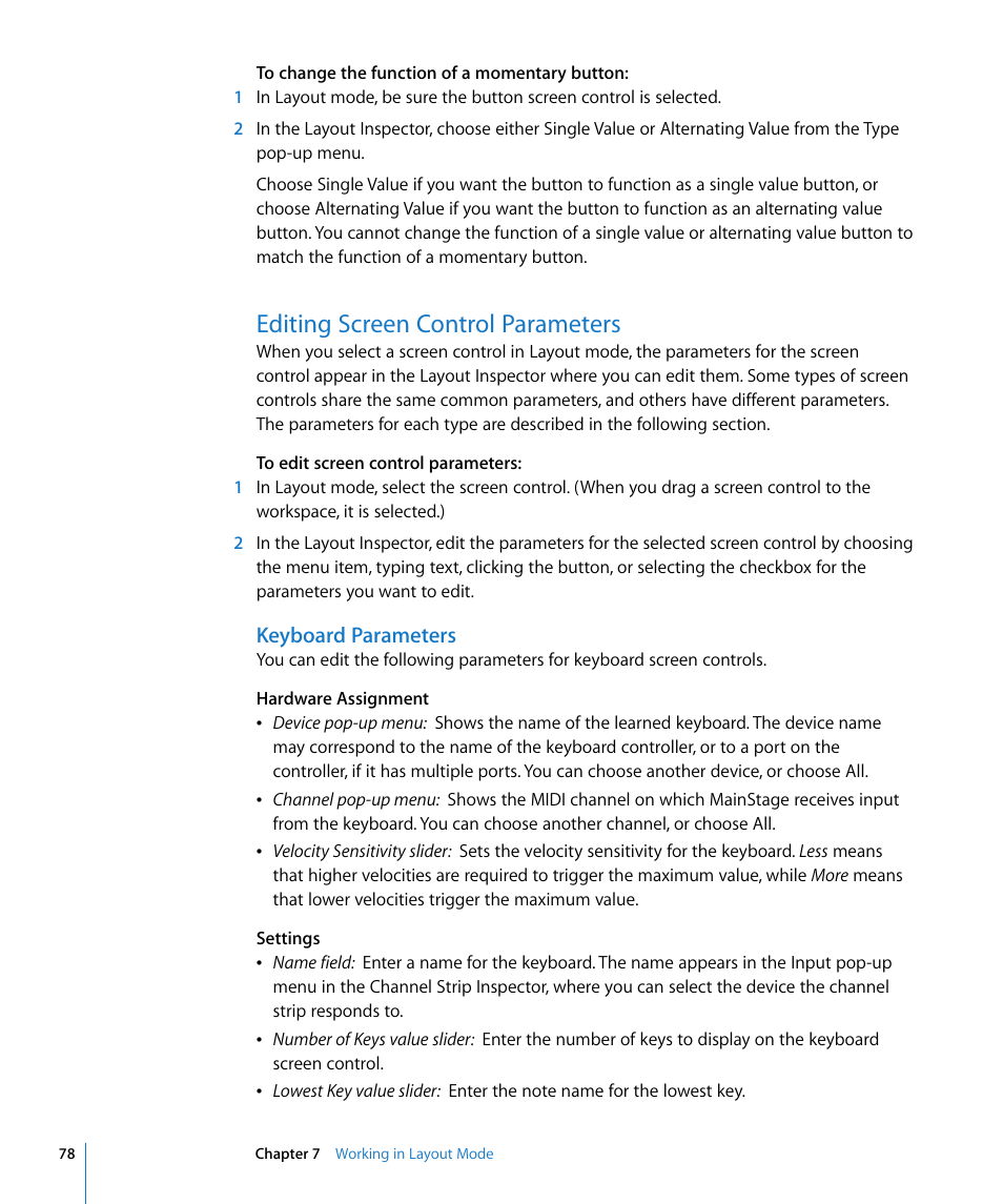 Editing screen control parameters, Keyboard parameters, Scribed in | Apple MainStage User Manual | Page 78 / 100
