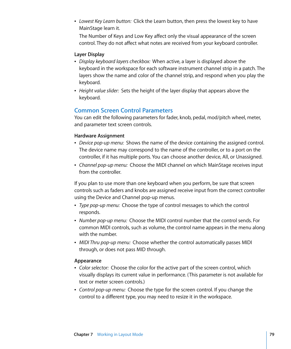 Common screen control parameters | Apple MainStage User Manual | Page 79 / 100