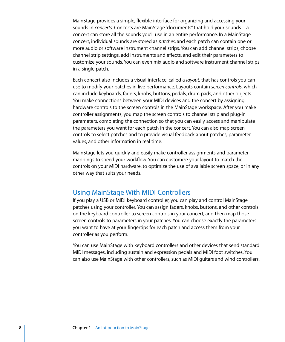 Using mainstage with midi controllers | Apple MainStage User Manual | Page 8 / 100