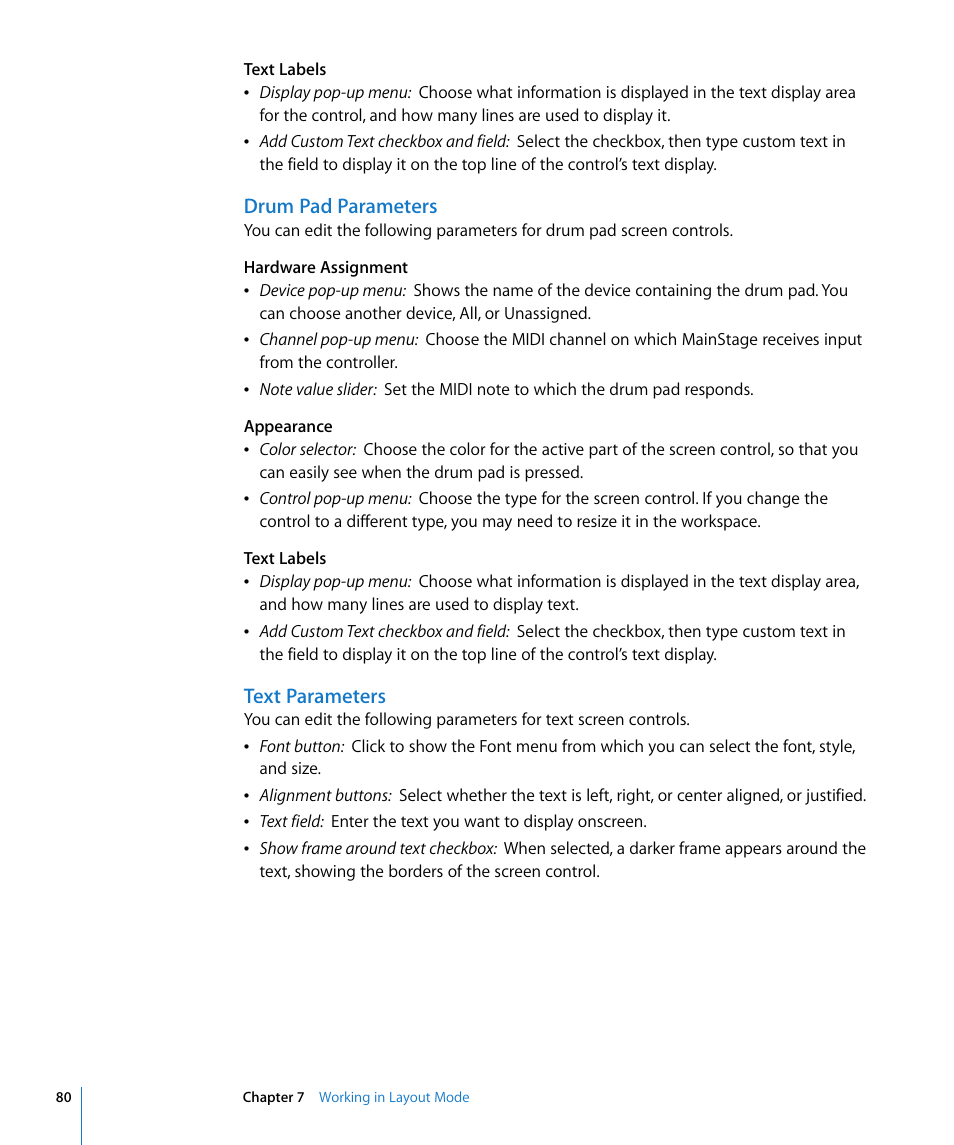 Drum pad parameters, Text parameters | Apple MainStage User Manual | Page 80 / 100
