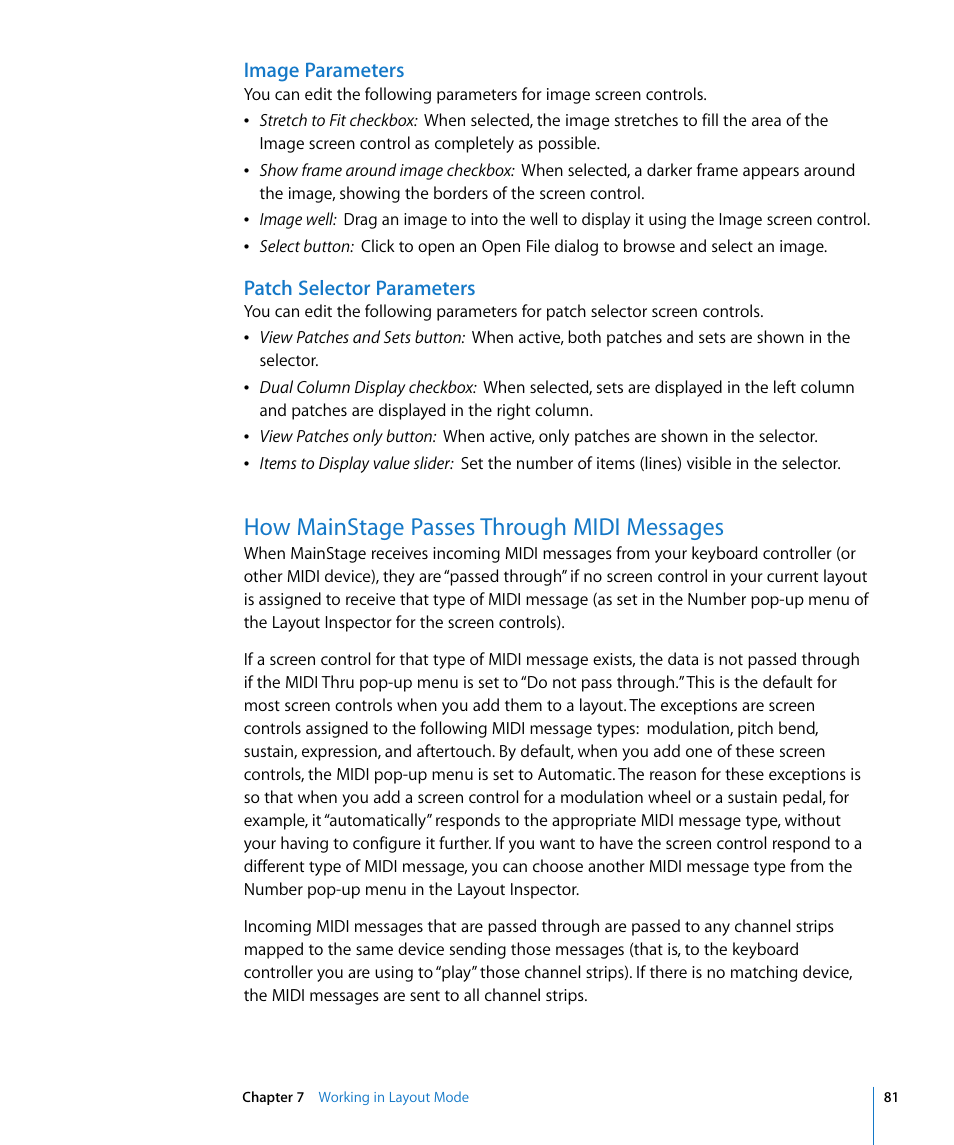 Image parameters, Patch selector parameters, How mainstage passes through midi messages | Apple MainStage User Manual | Page 81 / 100