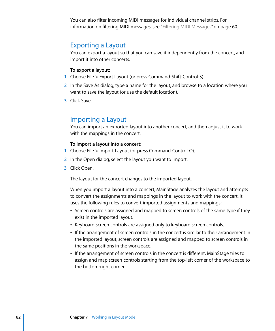 Exporting a layout, Importing a layout | Apple MainStage User Manual | Page 82 / 100