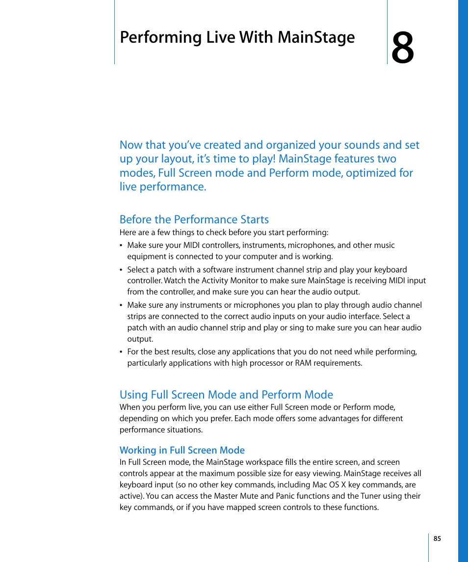 Performing live with mainstage, Before the performance starts, Using full screen mode and perform mode | Working in full screen mode, Chapter 8, O chapter 8 | Apple MainStage User Manual | Page 85 / 100