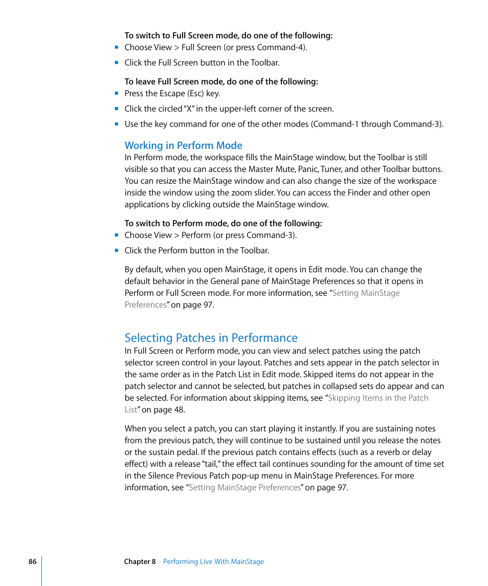Working in perform mode, Selecting patches in performance | Apple MainStage User Manual | Page 86 / 100